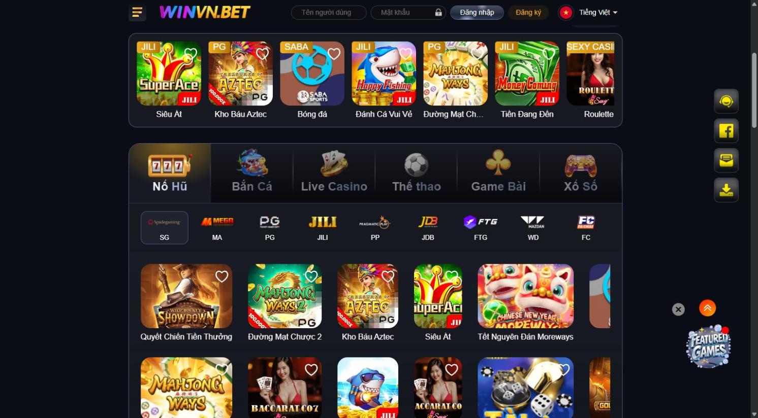 Sảnh nổ hũ Winvn với slot PG Soft, JILI, Pragmatic Play